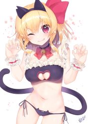  1girl ;q absurdres animal_ears bare_arms bare_shoulders bell black_bra black_choker black_panties blonde_hair blush bow bow_panties bowtie bra breasts cat_ears cat_lingerie cat_tail choker claw_pose cleavage cleavage_cutout clothing_cutout collar commentary_request fake_animal_ears fake_tail frilled_bra frills groin hair_between_eyes hair_ribbon hands_up head_tilt highres jingle_bell looking_at_viewer medium_breasts meme_attire navel neck_bell nenobi_(nenorium) one_eye_closed panties red_bow red_bowtie red_eyes red_ribbon ribbon rumia short_hair side-tie_panties simple_background solo star_(symbol) stomach tail thighs tongue tongue_out touhou underwear white_background wrist_cuffs  rating:Sensitive score:11 user:danbooru