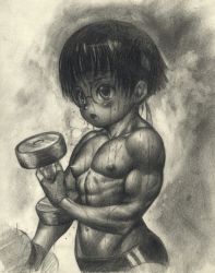 androgynous apyoapyo exercising gender_request glasses loli makki_(apyoapyo) monochrome muscular short_hair source_request sweat weightlifting weights rating:Questionable score:136 user:Fynneun