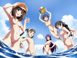 5girls :d arm_up armpits arms_up ass back bakemonogatari ball bandages bangle bare_back bare_shoulders barefoot beachball black_hair blue_sky bracelet breasts brown_hair cleft_of_venus cloud fang feet female_focus from_below glasses groin hachikuji_mayoi hair_ornament hairclip hands_on_own_hips hanekawa_tsubasa hat highres hip_focus holding jewelry jumping kanbaru_suruga legs loli long_hair looking_at_viewer looking_back looking_down monogatari_(series) multiple_girls nipples nude nude_filter nudist ocean open_mouth outdoors purple_hair pussy sengoku_nadeko senjougahara_hitagi short_hair sky small_breasts smile standing thighs third-party_edit toes twintails uncensored wading water  rating:Explicit score:211 user:sytalidis