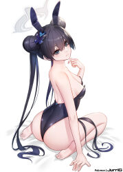 1girl alternate_costume animal_ears arm_behind_back artist_name ass backless_leotard bare_legs bare_shoulders black_eyes black_hair black_leotard blue_archive blush breasts butterfly_hair_ornament double_bun expressionless fake_animal_ears from_behind frown full_body hair_bun hair_ornament halo hand_up jurrig kisaki_(blue_archive) leotard long_hair looking_at_viewer looking_back playboy_bunny rabbit_ears simple_background sitting small_breasts solo twintails very_long_hair white_background rating:Sensitive score:52 user:danbooru
