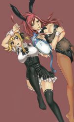  2girls absurdres alternate_costume animal_ears arm_up bare_shoulders black_bow black_legwear blonde_hair blush bow bowtie breasts brown_eyes brown_legwear character_doll character_pillow cleavage collarbone crossed_arms detached_collar erza_scarlet fairy_tail fake_animal_ears feet female_focus fingernails frills groin hair_between_eyes hairband hand_on_head happy_(fairy_tail) head_tilt highres hip_focus holding hug knee_up knees large_breasts leotard long_hair long_image looking_at_viewer lucy_heartfilia lying maid maid_headdress mashima_hiro multiple_girls name_tag no_shoes official_art on_back open_mouth pantherlily panties pantyhose playboy_bunny rabbit_ears red_hair shiny_clothes short_hair short_ponytail short_sleeves side_ponytail smile tall_image teeth thighhighs thighs underwear upskirt white_panties wrist_cuffs  rating:Sensitive score:106 user:Jimmy96ita