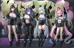  4girls belt black_belt black_choker black_footwear black_hair black_jacket black_pants black_skirt blue_archive blue_eyes boots breasts cellphone chirang choker cleavage closed_mouth collarbone fingernails full_body grey_hair hair_ornament hairpin halo high_heels highres holding holding_phone jacket koyuki_(blue_archive) large_breasts long_hair long_sleeves looking_at_viewer mechanical_halo multiple_girls noa_(blue_archive) open_clothes open_jacket pants phone pink_eyes pink_hair pink_halo purple_eyes purple_hair red_eyes red_halo rio_(blue_archive) seminar_(blue_archive) shirt skirt small_breasts smartphone smile standing tank_top thigh_boots thigh_strap twintails two_side_up very_long_hair white_shirt white_tank_top yuuka_(blue_archive) 