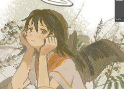  1girl adobe_photoshop bigskycastle brown_hair brown_wings closed_mouth green_background grey_shirt haibane_renmei halo hands_on_own_cheeks hands_on_own_face head_rest leaf looking_at_viewer orange_sailor_collar plant rakka_(haibane) sailor_collar shirt short_hair short_sleeves sketch solo two-tone_background unfinished upper_body white_background wings 
