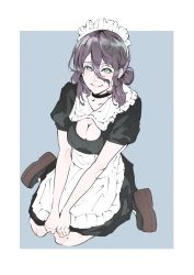 1girl alternate_costume apron bad_id bad_twitter_id bare_arms black_choker black_hair blue_background blush breasts chainsaw_man choker cleavage cleavage_cutout closed_mouth clothing_cutout dress green_eyes hair_bun highres huge_breasts large_breasts looking_at_viewer looking_up maid maid_apron maid_headdress medium_hair oshimaidebu own_hands_together reze_(chainsaw_man) short_hair simple_background single_hair_bun sitting smile solo white_background rating:Sensitive score:13 user:danbooru