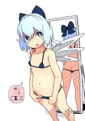 1girl ass bikini blue_eyes blue_hair bow butt_crack cirno commentary_request covered_erect_nipples flat_ass groin hair_bow huxiao_(mistlakefront) ice ice_wings medium_hair micro_bikini mirror navel open_mouth reflection signature solo swimsuit touhou translation_request v-shaped_eyebrows wings rating:Questionable score:48 user:danbooru