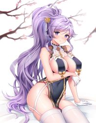  1girl azur_lane banglinh1997 blush breast_curtains breasts cleavage commission cosplay dress fire_emblem fire_emblem:_genealogy_of_the_holy_war fire_emblem_heroes flower garter_straps gloves hair_flower hair_ornament half_gloves highres ishtar_(fire_emblem) large_breasts long_hair looking_at_viewer nintendo no_bra panty_straps ponytail purple_eyelashes purple_eyes purple_hair rose simple_background sirius_(azur_lane) sirius_(azur_lane)_(cosplay) sirius_(azure_horizons)_(azur_lane) sitting solo thighhighs tree_branch white_garter_straps white_gloves white_legwear yellow_flower yellow_rose 