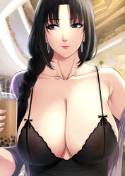  1girl absurdres bare_shoulders black_hair braid breasts bubble_tea cleavage closed_mouth collarbone covered_erect_nipples cup disposable_cup drinking_straw earrings female_focus grey_eyes highres hoop_earrings jewelry large_breasts lipstick long_hair looking_to_the_side makeup mature_female mole mole_under_mouth nightgown nush_(xter) original pink_nails red_lips single_braid solo xter 