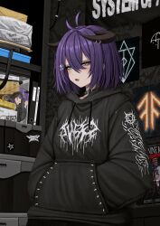  1girl absurdres babymetal black_hoodie bring_me_the_horizon choker cool_s copyright_request english_text goth_fashion headphones highres hood hoodie horns ice_nine_kills lobsteranian logo_request looking_at_viewer movie_poster original pentagram purple_hair solo system_of_a_down 