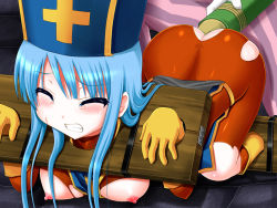 1girl anal anal_object_insertion ass bdsm blue_hair blush bodysuit bondage boots bound bound_feet chunsoft clenched_teeth closed_eyes covered_erect_nipples dragon_quest dragon_quest_iii enema enix gloves hat latex long_hair nipples object_insertion pillory priest_(dq3) stocks sweat tears teeth torn_clothes trubka rating:Explicit score:33 user:Tollhouse