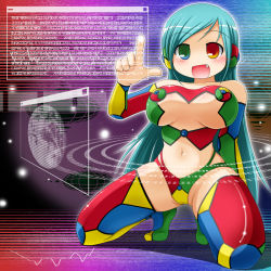  1girl breasts cameltoe chrome-tan detached_sleeves earth_ekami fang google google-tan google_chrome green_hair heterochromia large_breasts long_hair multicolored_clothes multicolored_legwear no_nose product_girl solo thighhighs 