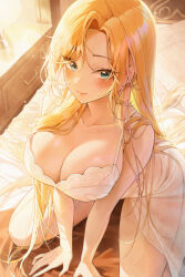 1girl absurdly_long_hair absurdres aqua_eyes arm_support arms_between_legs bed blush breasts cleavage commentary_request desk_lamp drawer from_above hair_flowing_over hair_spread_out highres indoors korean_commentary lamp lampshade large_breasts leaning_forward light_smile lingerie long_hair looking_at_viewer looking_up meoyo negligee nightgown nightstand on_bed original panties parted_bangs curtained_hair see-through sidelocks sitting sweatdrop underwear upturned_eyes v_arms very_long_hair wariza white_nightgown rating:Sensitive score:36 user:danbooru