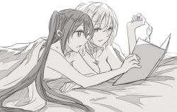 2girls bad_id bad_pixiv_id bare_arms bare_shoulders bed bed_sheet book breast_press breast_rest breasts cleavage couple unworn_eyewear female_focus glasses greyscale hatsune_miku jewelry large_breasts long_hair lying megurine_luka monochrome multiple_girls neck necklace nude on_stomach open_book open_mouth side-by-side smile twintails under_covers vocaloid yuri yuuyu_(777) rating:Questionable score:19 user:danbooru