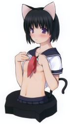 1girl absurdres animal_ears black_hair blush breasts cat_ears cat_tail clothes_lift collarbone eyebrows highres loli looking_at_viewer navel nipples ooji parted_lips purple_eyes school_uniform shirt shirt_lift short_hair small_breasts solo tail rating:Explicit score:17 user:usernam
