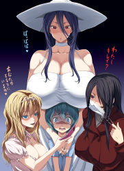 1boy 2channel 3girls :d :o absurdres age_difference aqua_hair bare_shoulders black_background black_eyes black_hair blonde_hair blue_background blue_eyes blue_hair blue_shirt breast_rest breasts breasts_on_head bursting_breasts buttons cellphone choker cleavage coat collarbone crying crying_with_eyes_open detached_collar double-breasted dress evil_smile flip_phone ghost gigantic_breasts glasgow_smile gradient_background hair_between_eyes hair_over_one_eye hair_ribbon hairband half-closed_eyes hasshaku-sama hat heart height_difference highres holding holding_phone hug hug_from_behind huge_breasts imminent_rape kloah kuchisake-onna large_breasts long_hair long_hair_between_eyes long_sleeves looking_down mary-san mask mature_female mouth_mask multiple_girls onee-shota open_mouth original own_hands_together parted_lips phone puffy_short_sleeves puffy_sleeves raised_eyebrows red_eyes ribbon scared shaded_face sharp_teeth shirt short_hair short_sleeves shota sidelocks sleeveless sleeveless_dress slit_pupils smile spaghetti_strap spoken_heart sun_hat sundress surgical_mask t-shirt tall taut_clothes taut_dress tears teeth text_focus translated unmasking v_arms wavy_mouth white_dress white_hat wide-eyed you_gonna_get_raped rating:Questionable score:460 user:danbooru
