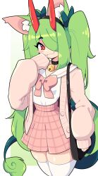  1girl :3 absurdres animal_ear_fluff animal_ears bell black_bag black_collar black_hairband blush_stickers border bow bowtie buttons cat_ears cat_girl closed_mouth collar daigada green_background green_ribbon hair_over_one_eye hair_ribbon hairband hand_on_own_chin highres horns jacket long_hair looking_at_viewer neck_bell oni open_clothes open_jacket original pink_bow pink_bowtie pink_jacket pink_skirt plaid plaid_skirt pleated_skirt red_eyes ribbon sailor_collar shirt sidelocks skirt solo swept_bangs tail thighhighs twintails very_long_hair white_border white_sailor_collar white_shirt white_thighhighs 