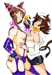 2girls alternate_costume black_nails blue_thighhighs bracelet breasts brown_hair choker cleavage collar dougi drill_hair elbow_gloves evil_grin evil_smile eye_contact femdom fingerless_gloves gloves grin han_juri height_difference jewelry looking_at_another makoto_(street_fighter) multiple_girls nail_polish off_shoulder pulling purple_eyes rafchu rape_face ribbon_choker short_hair shorts sideboob slingshot_swimsuit smile spiked_bracelet spiked_collar spikes street_fighter street_fighter_iv_(series) swimsuit thighhighs twin_drills you_gonna_get_raped yuri rating:Questionable score:83 user:dmysta3000