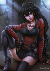  1girl ahoge arm_guards aroma_sensei bad_id bad_pixiv_id black_hair boots breasts chain cleavage corset eyeshadow fingerless_gloves gloves hair_between_eyes high_heel_boots high_heels highres indoors jewelry large_breasts lips long_hair looking_at_viewer makeup mature_female miniskirt necklace patreon_username pleated_skirt raven_branwen red_eyes rwby sitting skirt smile solo thigh_boots thighhighs watermark web_address  rating:Sensitive score:71 user:danbooru