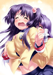 2girls breasts breasts_squeezed_together clannad commentary_request fujibayashi_kyou grabbing grabbing_another&#039;s_breast hair_bobbles hair_ornament hair_ribbon hand_under_clothes highres ichinose_kotomi large_breasts long_hair multiple_girls purple_hair ribbon school_uniform twintails two_side_up yuri zen rating:Sensitive score:23 user:danbooru