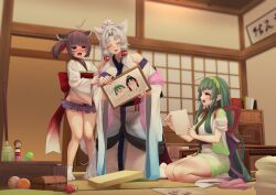  3girls :3 ahoge blurry blurry_background blush brown_hair child&#039;s_drawing closed_eyes commentary_request curtained_hair embarrassed fang floating_hair frown green_hair half_updo hands_on_another&#039;s_arm highres holding_drawing indoors japanese_clothes kimono kneeling kokeshi lightning_ahoge lightning_scar long_hair long_sleeves miniskirt multiple_girls ne_an_ito nose_blush off_shoulder open_box open_mouth picture_frame pigeon-toed pink_eyes purple_skirt seiza short_kimono short_twintails shouji siblings sidelocks sisters sitting skin_fang skirt sleeveless sleeveless_kimono sleeves_pushed_up sliding_doors smile standing tabi table tasuki tatami touhoku_itako touhoku_kiritan touhoku_zunko translation_request twintails v-shaped_eyebrows very_long_hair voiceroid white_hair white_kimono wide_sleeves yellow_eyes 