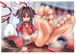  1girl absurdres barefoot black_hair blam blue_archive feet feet_on_table highres horns kasumi_(blue_archive) long_hair looking_at_viewer open_mouth shoes slippers soles steam sweat toes unworn_shoes yellow_eyes  rating:Sensitive score:10 user:ssfl
