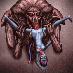  1girl all_the_way_through anal anilingus animal_ears bobbydando_(eldrik_aethervial) breasts colored_skin highres holding large_insertion monster multicolored_hair nipples nude oral purple_skin pussy rape saliva short_hair spread_legs suspension tail top-down_bottom-up uncensored  rating:Explicit score:43 user:Riviard04