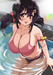  1girl :d azur_lane bell bikini black_bikini black_hair breasts brown_eyes cleavage collarbone commentary_request commission hair_between_eyes hair_ornament hair_ribbon hairclip highres large_breasts looking_at_viewer mismatched_bikini nagara_(azur_lane) navel open_mouth partially_submerged pink_bikini pisagi pixiv_commission ribbon smile solo swimsuit teeth twintails upper_teeth_only wet  rating:Sensitive score:11 user:danbooru
