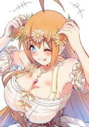  :d absurdres ahoge blue_eyes braid breasts cleavage delivery dress flower head_wreath highres large_breasts one_eye_closed open_mouth orange_hair pecorine_(princess_connect!) princess_connect! rabenga side_braid sleeveless sleeveless_dress smile strapless strapless_dress 