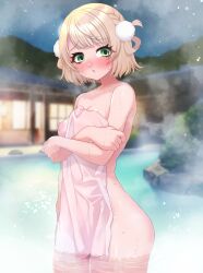  1girl absurdres blunt_bangs blush breasts green_eyes hair_ornament highres indie_virtual_youtuber medium_breasts night night_sky nipples nude onsen outdoors paid_reward_available parted_lips seisui_bar shigure_ui_(vtuber) short_hair sky solo star_(sky) starry_sky steam towel virtual_youtuber wading wet 