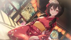  1girl breasts brown_hair cherry_blossom_print commission crossed_legs dress fireworks floral_print hair_ornament honkai:_star_rail honkai_(series) indoors japanese_clothes kimono kurage_cc lantern looking_at_viewer medium_breasts night night_sky open_mouth red_dress red_eyes red_ribbon ribbon sitting skeb_commission sky solo sparkle_(honkai:_star_rail) twintails x_hair_ornament yukata 