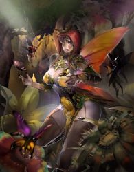 breasts bug butterfly butterfly_wings cleavage cleavage_cutout clothing_cutout dee detached_sleeves fairy flower flying forest garter_straps huge_breasts insect insect_wings lips nature parted_lips red_hair solo_focus thighhighs tree wings