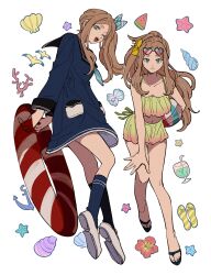  1girl absurdres aoi_(yooo009) bare_shoulders blue_eyes breasts brown_hair cleavage closed_mouth collarbone coral eyewear_on_headwear flip-flops flower food fruit full_body hair_ornament hair_ribbon highres innertube konami_kirie long_hair looking_at_viewer multiple_views open_mouth ponytail ribbon sailor sailor_collar sandals seashell shell side_ponytail simple_background smile socks standing starfish sunglasses swim_ring swimsuit watermelon wavy_hair white_background world_trigger 