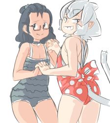  2girls black_choker black_hair black_one-piece_swimsuit choker female_focus flat_chest glasses hair_ornament highres holding_hands lillith_mejic loli looking_at_viewer multiple_girls one-piece_swimsuit polka_dot polka_dot_swimsuit railroadmejic scrunchie short_hair sketch smile swimsuit tail white_hair  rating:Questionable score:5 user:ih_err__ih_err
