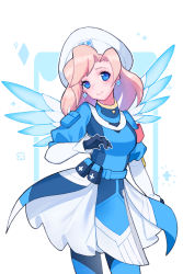 1girl alternate_hairstyle armband bad_id bad_pixiv_id beret black_gloves blonde_hair blue_bodysuit blue_eyes blue_wings bodysuit breasts combat_medic_ziegler cowboy_shot earrings ennn gloves hat highres jewelry light_smile long_sleeves looking_at_viewer mechanical_wings medium_breasts medium_hair mercy_(overwatch) official_alternate_costume overwatch overwatch_1 pelvic_curtain skirt solo sparkle white_background white_hat white_skirt wings