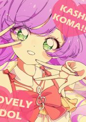  1girl :d absurdres bow commentary_request green_eyes hands_up highres kashikoma! long_hair looking_at_viewer manaka_laala milon_cas nail_polish open_mouth pink_bow pink_nails pretty_series pripara purple_hair retro_artstyle romaji_text smile solo treble_clef twintails upper_body v w 