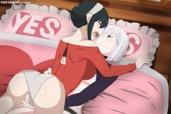  2girls ass assassin assisted_masturbation bed black_hair blush censored clothed_sex clothing_aside female_focus fingering fiona_frost heart heart-shaped_pupils huge_ass kurigami_(artist) laying_on_person masturbation multiple_girls on_bed open_mouth panties panties_aside panting pussy pussy_juice saliva screaming short_hair spy spy_x_family symbol-shaped_pupils underwear white_hair yor_briar yuri  rating:Explicit score:12 user:nocruoro1