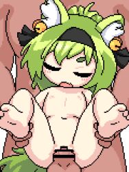  1boy 1girl akai_(ugokashitari) animal_ear_fluff animal_ears animated animated_gif azur_lane bar_censor barefoot bell black_hairband blinking blush censored collarbone commentary_request commission completely_nude cum cum_in_pussy cum_overflow drooling fang flat_chest fox_ears fox_girl fox_tail green_eyes green_hair hair_bell hair_between_eyes hair_ornament hairband hetero isokaze_(azur_lane) jingle_bell loli long_hair navel nipples nude open_mouth penis pixel_art pussy reverse_upright_straddle saliva sex sex_from_behind skeb_commission skin_fang soles solo_focus spread_legs tail testicles thick_eyebrows toes vaginal  rating:Explicit score:423 user:danbooru