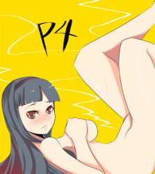  1girl amagi_yukiko atlus black_hair breasts brown_eyes copyright_name covering_privates covering_breasts johnny_funamushi legs_up long_hair looking_at_viewer nude persona persona_4 simple_background solo very_long_hair yellow_background  rating:Questionable score:5 user:danbooru
