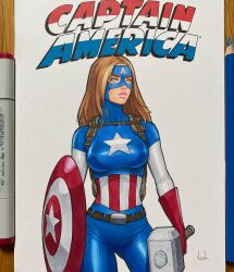  1girl art_tools_in_frame breasts brown_hair captain_america captain_america&#039;s_shield captain_america_(series) commentary commission cowboy_shot english_commentary gluteal_fold hammer highres holding holding_hammer holding_shield looking_afar marker_(medium) marvel mask medium_breasts mjolnir_(marvel) photo_(medium) pink_lips shield signature solo superhero_costume traditional_media will_jack yellow_eyes 
