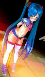  1girl 3d blue_hair blush breasts facial_mark female_focus forehead_mark freckles full_body highres indoors kyoshourz loli long_hair looking_at_viewer masaki_sasami_jurai nail_polish overalls perky_breasts pink_eyes pink_nails shoes small_breasts sneakers solo stripper tenchi_muyou! twintails  rating:Explicit score:58 user:sasami