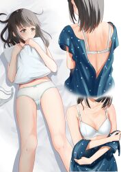  1girl back back_focus black_hair blue_dress bra breasts dress feet_out_of_frame fubuki_(kancolle) fubuki_(spring_mode)_(kancolle) green_eyes hair_down head_out_of_frame highres hugging_object kantai_collection lying multiple_views open_clothes panties pillow pillow_hug polka_dot polka_dot_dress small_breasts underwear underwear_only undressing unworn_bra white_bra white_panties zuki 