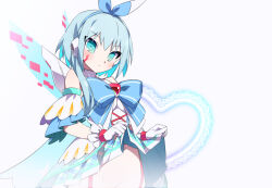  1girl blue_eyes blue_hair blue_ribbon blue_sleeves chest_jewel clothes_lift commentary_request cowboy_shot cross-laced_clothes detached_sleeves detached_wings dress dress_lift energy_wings facial_mark hair_ribbon headphones heart ico_(megaman_x_dive) kaidou_zx looking_at_viewer mechanical_wings mega_man_(series) mega_man_x_(series) mega_man_x_dive navel open_mouth paid_reward_available ribbon ribbon_between_breasts robot_girl short_hair sleeveless sleeveless_dress smile solo white_background white_dress white_sleeves wings 