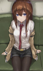  1girl :/ absurdres amatsuji arms_at_sides belt black_shorts blue_eyes blush breasts brown_hair brown_jacket closed_mouth collared_shirt commentary couch cowboy_shot english_commentary eyelashes frown hair_between_eyes highres indoors jacket long_hair looking_at_viewer makise_kurisu medium_breasts mixed-language_commentary necktie off_shoulder on_couch open_clothes open_jacket pantyhose red_necktie shirt shorts sidelocks signature sitting sleeves_past_wrists solo steins;gate straight-on straight_hair thigh_gap thighs upturned_eyes white_belt white_shirt  rating:General score:10 user:danbooru