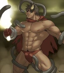 bara bulge cape club_(weapon) dongsaeng gloves horns lowres muscular soraou speedo standing tan tentacles tentacles_on_male tentacles_under_clothes undressing weapon yaoi rating:Questionable score:9 user:soraou