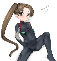  1girl absurdres ayanami_(kancolle) ayanami_rei ayanami_rei_(cosplay) black_bodysuit bodysuit brown_eyes brown_hair cosplay dated evangelion:_3.0+1.0_thrice_upon_a_time hands_on_own_hips highres kantai_collection loli long_hair maru_(marg0613) multicolored_bodysuit multicolored_clothes name_connection neon_genesis_evangelion one-hour_drawing_challenge plugsuit rebuild_of_evangelion side_ponytail solo twitter_username 
