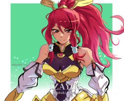  absurdres armor armored_dress bare_shoulders billycsta358 blazblue blazblue:_central_fiction blazblue:_chronophantasma bow breasts detached_sleeves hair_ornament hair_tubes highres izayoi_(blazblue) long_hair looking_at_viewer ponytail red_eyes red_hair smile solo tsubaki_yayoi 