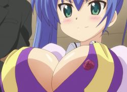  10s 1girl animated animated_gif blue_hair blush bouncing_breasts breasts cleavage green_eyes kuroki_kurumi large_breasts r-15_(series)  rating:Questionable score:40 user:lkuroi