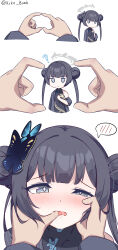  1girl 1other 3koma ? absurdres black_hair blue_archive blush braid braided_bun butterfly_hair_ornament chibi china_dress chinese_clothes coat comic double_bun dragon_print dress finger_in_another&#039;s_mouth grey_eyes hair_bun hair_ornament halo hands_on_another&#039;s_cheeks hands_on_another&#039;s_face highres kiko_bomb kisaki_(blue_archive) long_hair looking_at_viewer pov pov_hands sidelocks silent_comic snoot_challenge spoken_object striped striped_coat twitter_username vertical-striped_coat  rating:Sensitive score:78 user:danbooru