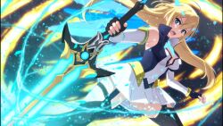  1girl and_the_hero_was_never_seen_again angry armpits astel black_thighhighs blonde_hair blue_eyes blurry blurry_background breasts cleavage detached_sleeves fingerless_gloves game_cg gloves glowing glowing_sword glowing_weapon glowing_wings gold_trim hair_ornament highres holding holding_sword holding_weapon jacket light_particles long_hair looking_at_viewer mecha_musume mechanical_wings medium_breasts non-web_source open_mouth pleated_skirt skirt solo sword thighhighs thighs tongue very_long_sleeves weapon white_skirt wings  rating:Sensitive score:3 user:danbooru