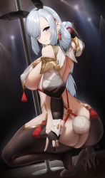  1girl animal_ears ass ass_focus back black_footwear black_gloves blue_eyes blush braid breast_curtains breasts brown_pantyhose elbow_gloves fake_animal_ears fouriasensei genshin_impact gloves hair_over_one_eye high_heels highres large_breasts leotard long_hair looking_at_viewer looking_back low-braided_long_hair low-tied_long_hair pantyhose partially_fingerless_gloves playboy_bunny pole pole_dancing rabbit_ears rabbit_tail revealing_clothes shenhe_(genshin_impact) sideboob silver_hair smile solo squatting stripper_pole tabard tail tassel thighs very_long_hair  rating:Questionable score:66 user:danbooru