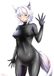  1girl animal_ear_fluff animal_ears artist_name bad_id bad_pixiv_id black_bodysuit bodysuit breasts collarbone commentary_request covered_erect_nipples covered_navel cowboy_shot groin hair_between_eyes hand_up highres inubashiri_momiji inyuppo latex latex_bodysuit looking_at_viewer medium_breasts navel no_headwear parted_lips red_eyes shiny_clothes short_hair signature silver_hair simple_background skin_tight solo standing stomach tail thighs touhou white_background wolf_ears wolf_tail  rating:Questionable score:5 user:danbooru